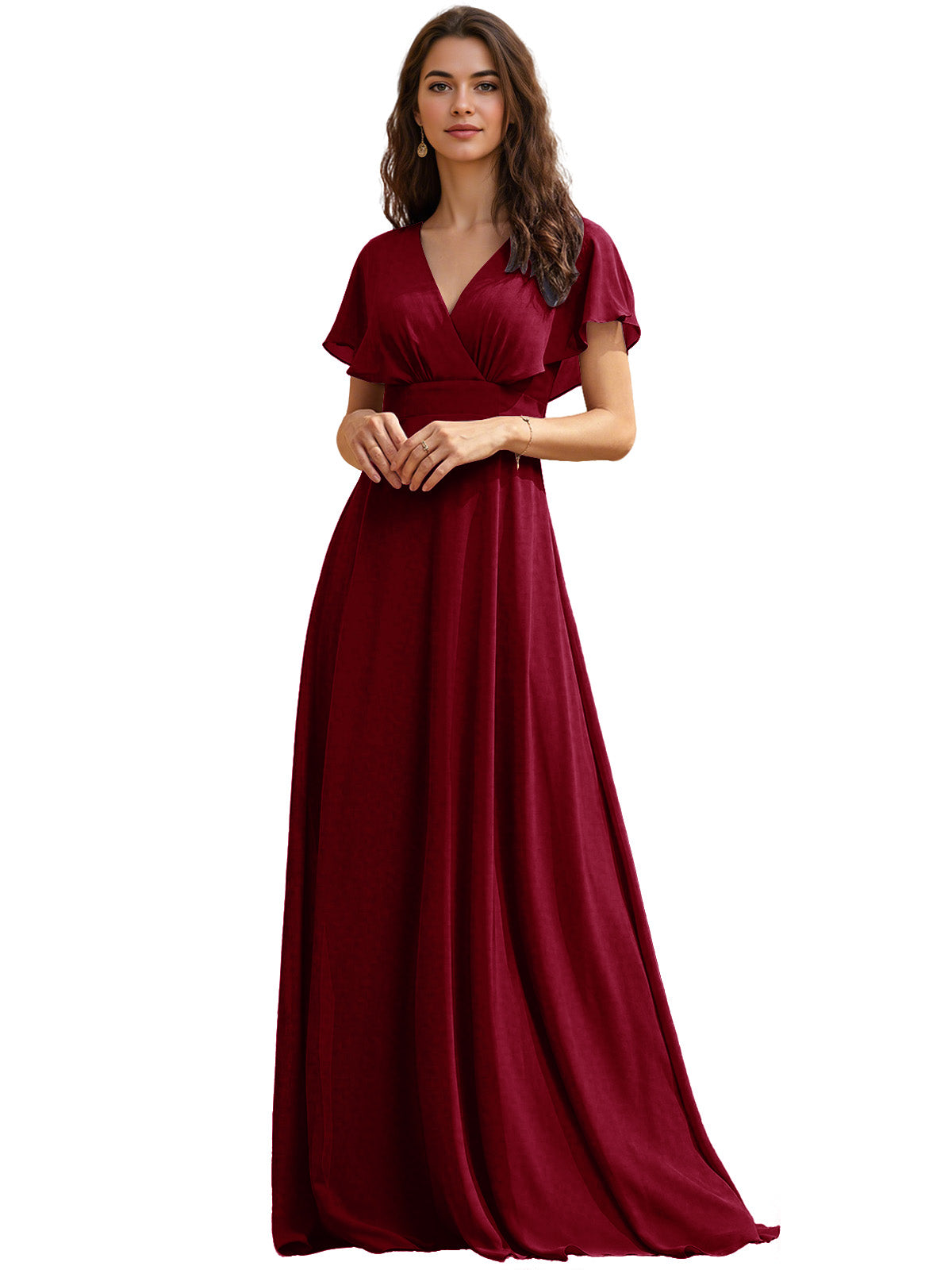 Flutter Sleeve V-Neck Chiffon Bridesmaid Dress with Flowing dress
