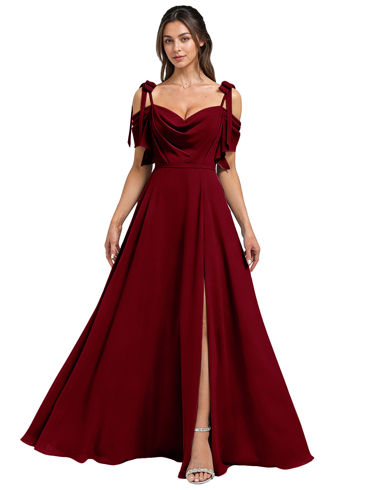 Cowl Neck Cold Shoulder Bridesmaid Dress with High Slit Chiffon Dress