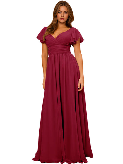 V-Neck Flutter Sleeve Chiffon Bridesmaid Dress with Empire Waist