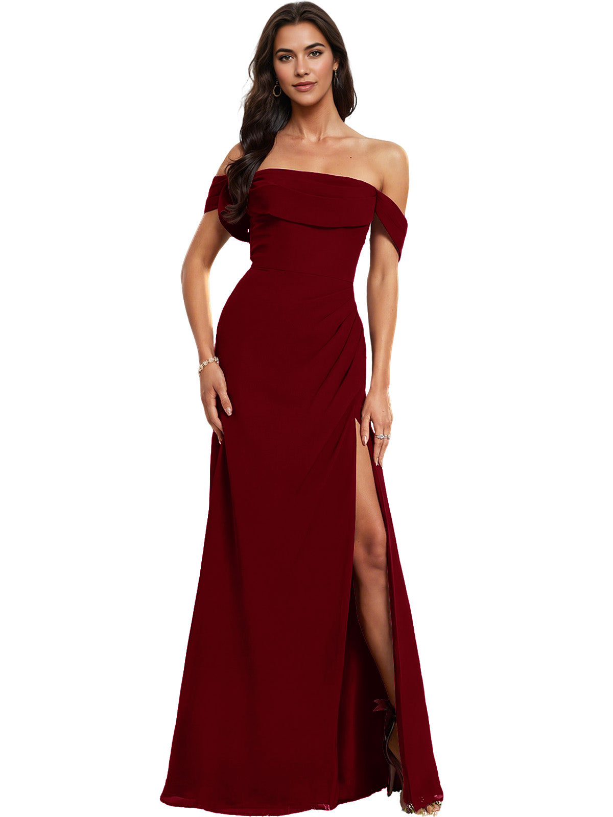 Off Shoulder Crepe Bridesmaid Dress with Foldover Neckline and Slit