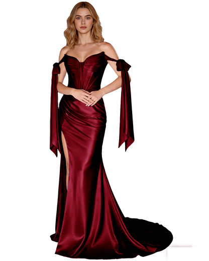 Off Shoulder Satin Mermaid Prom Dress with Detachable Long Sleeves