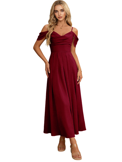 Off Shoulder Midi Bridesmaid Dress with Pleated Bodice and Flowing dress