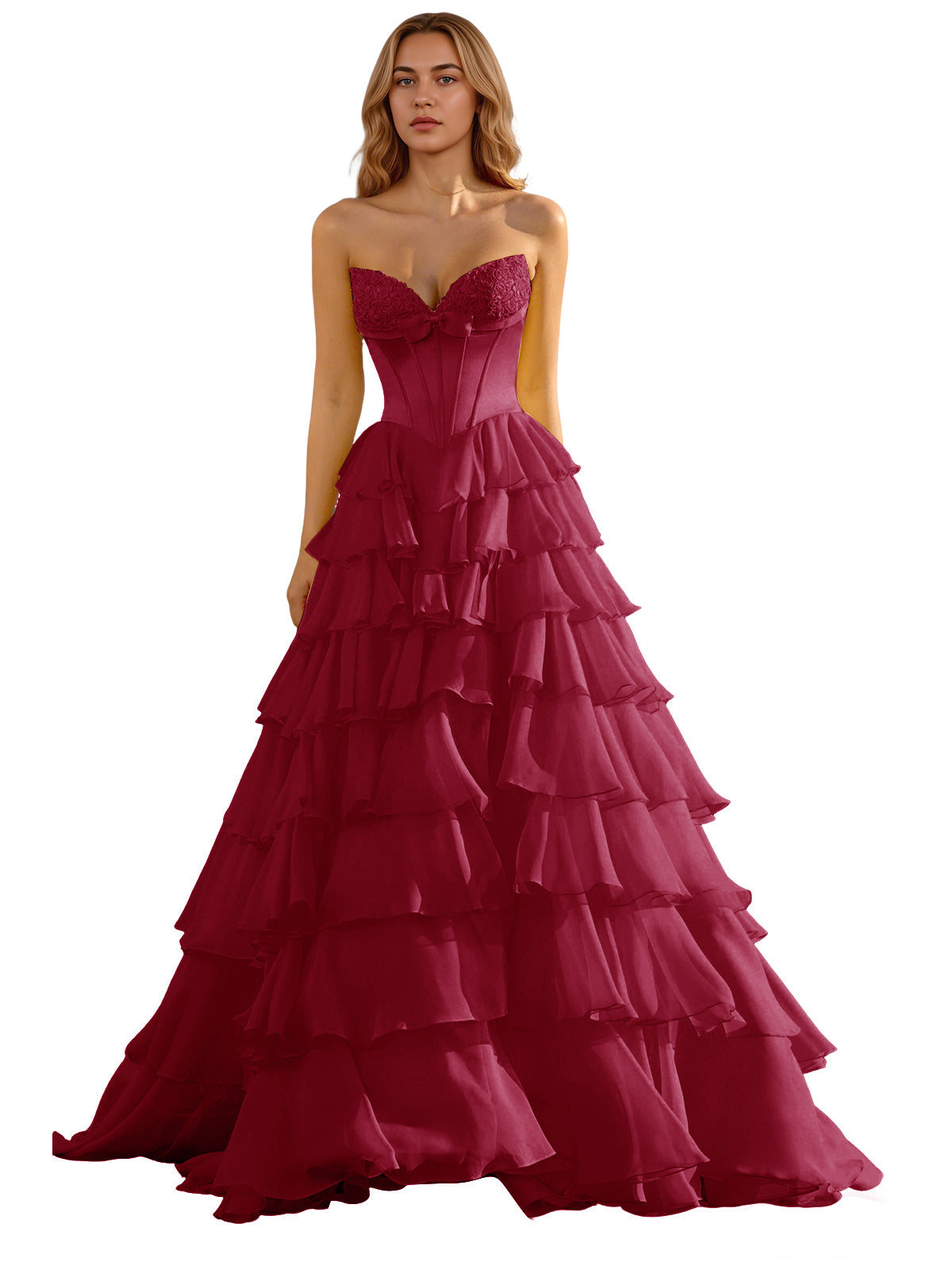 Strapless Tiered Organza Ball Gown Prom Dress with Corset Top