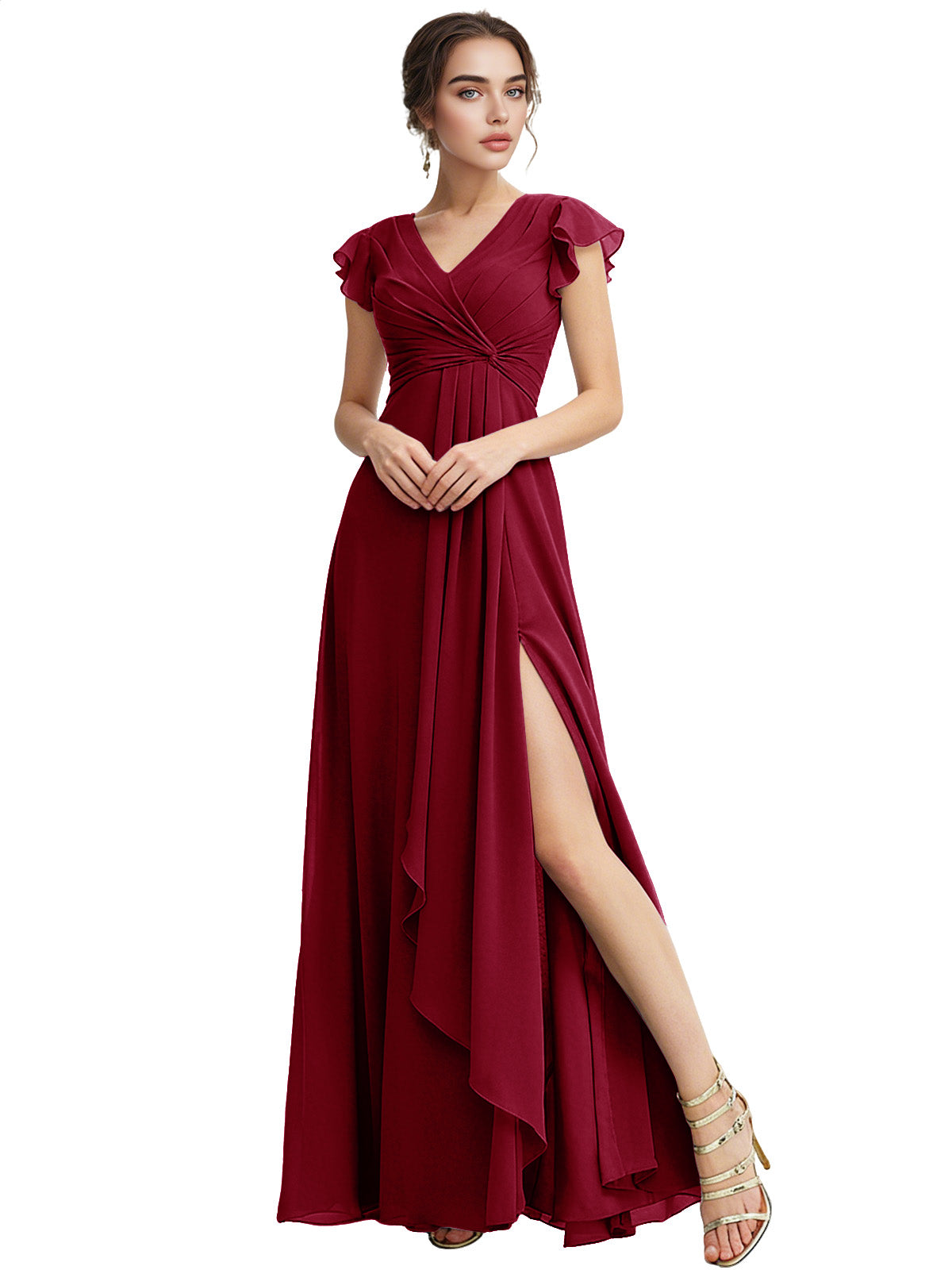 Cap Sleeve Chiffon Bridesmaid Dress with Ruffle V-Neck and Slit