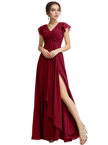 Cap Sleeve Chiffon Bridesmaid Dress with Ruffle V-Neck and Slit