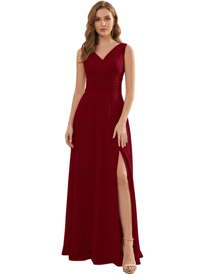 V-Neck Chiffon Bridesmaid Dress with Ruched Waist and Slit