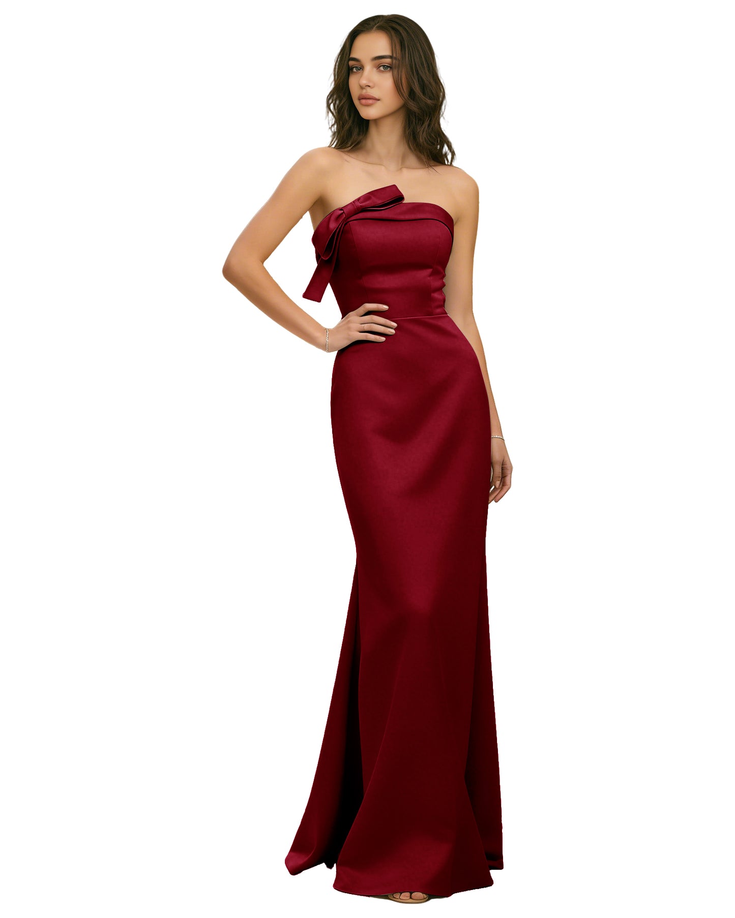 Strapless Satin Bridesmaid Dress with Draped Bodice and Side Slit