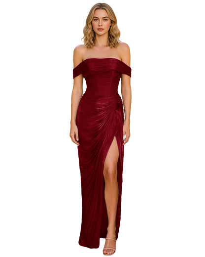 Off Shoulder Ruched Jersey Prom Dress with Wrap Bodice and High Slit
