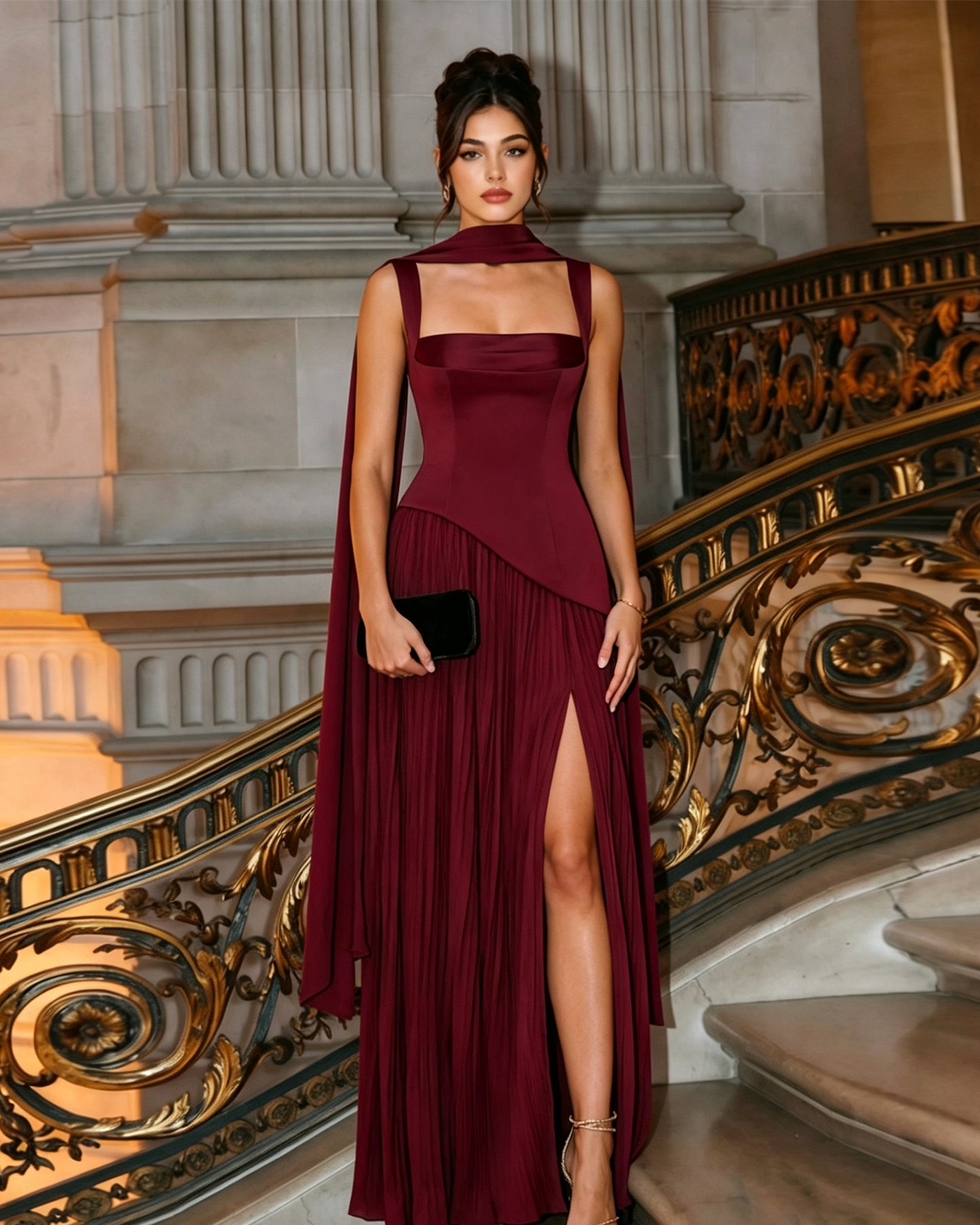 Scarf Neck Formal Dress with Asymmetric Bodice and Slit