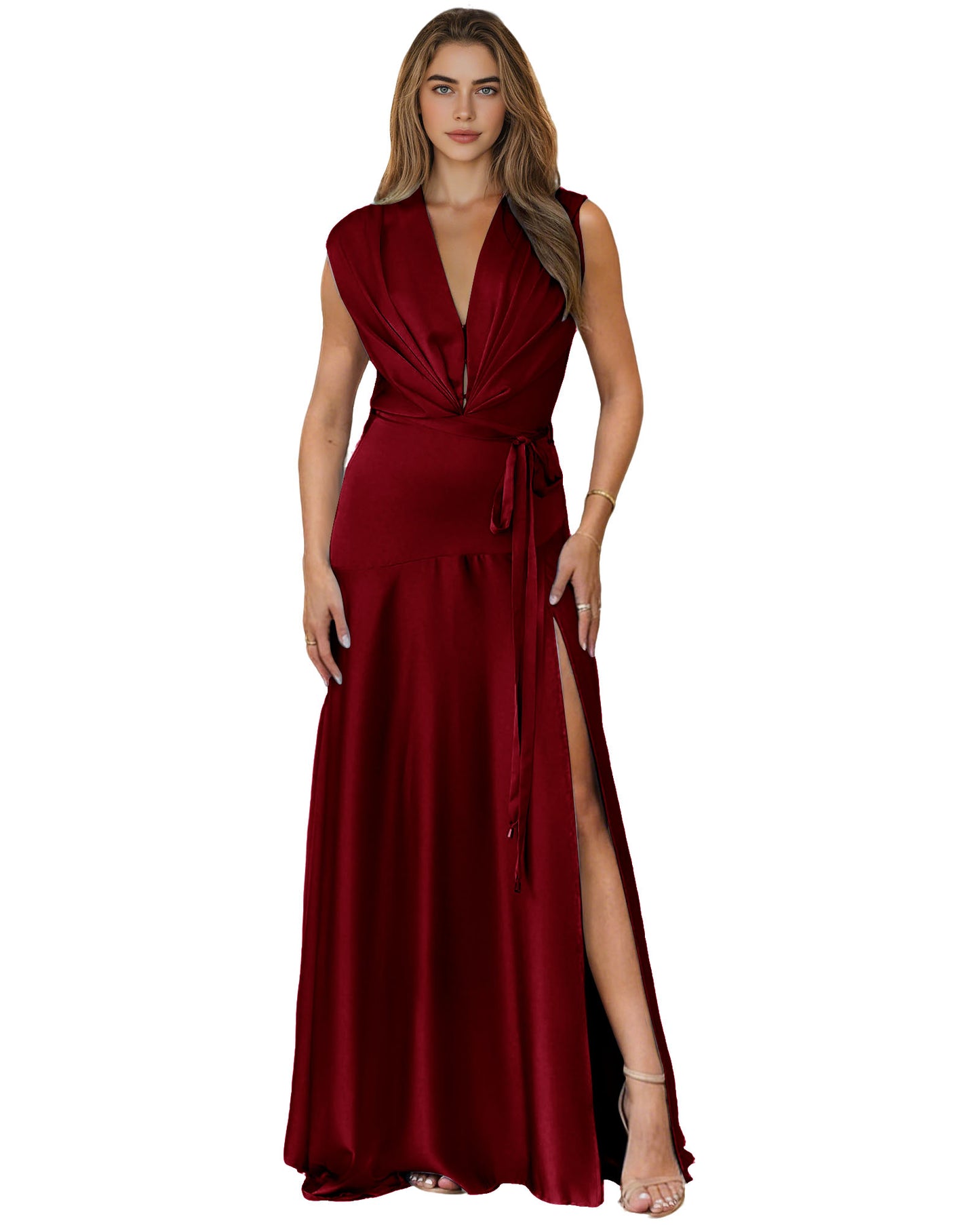 Plunging V-Neck Satin A-Line Prom Dress with Wrap Waist and Slit