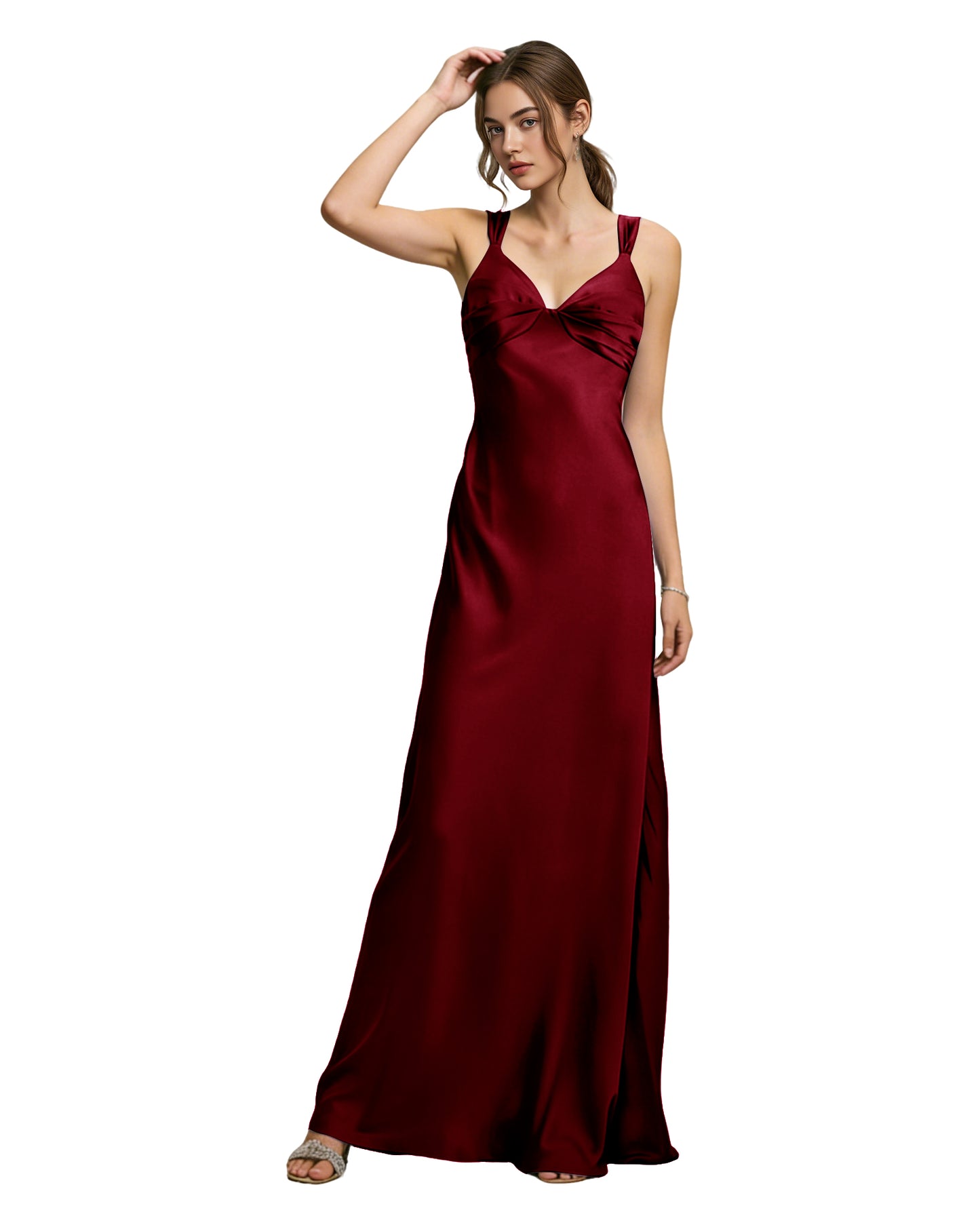 Satin Cowl Neck Bridesmaid Dress with Spaghetti Straps and Bias Cut