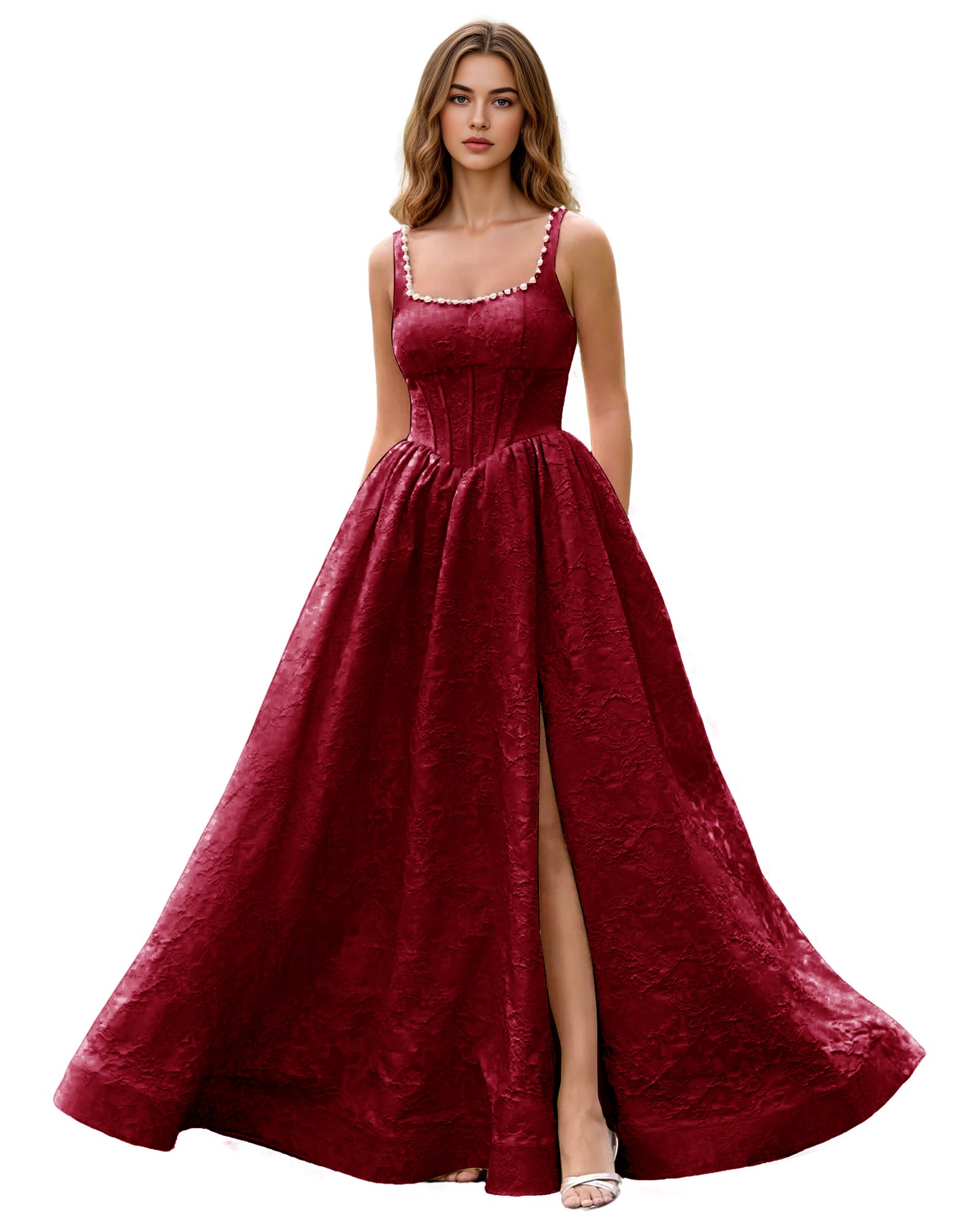 Square Neck Jacquard Ball Gown Prom Dress with Wide Straps and Pockets