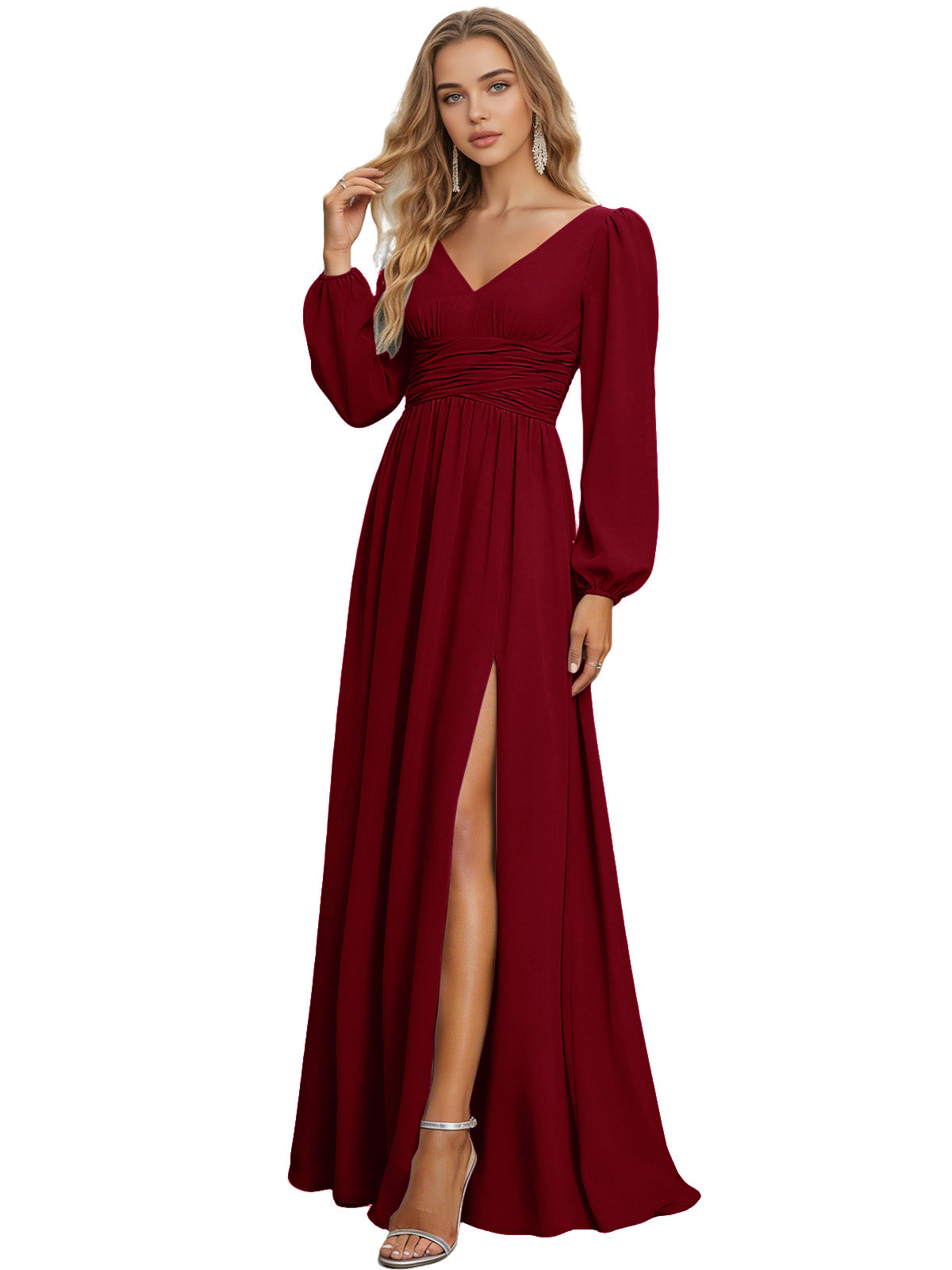 Long Sleeve V-Neck Chiffon Bridesmaid Dress with Front Slit