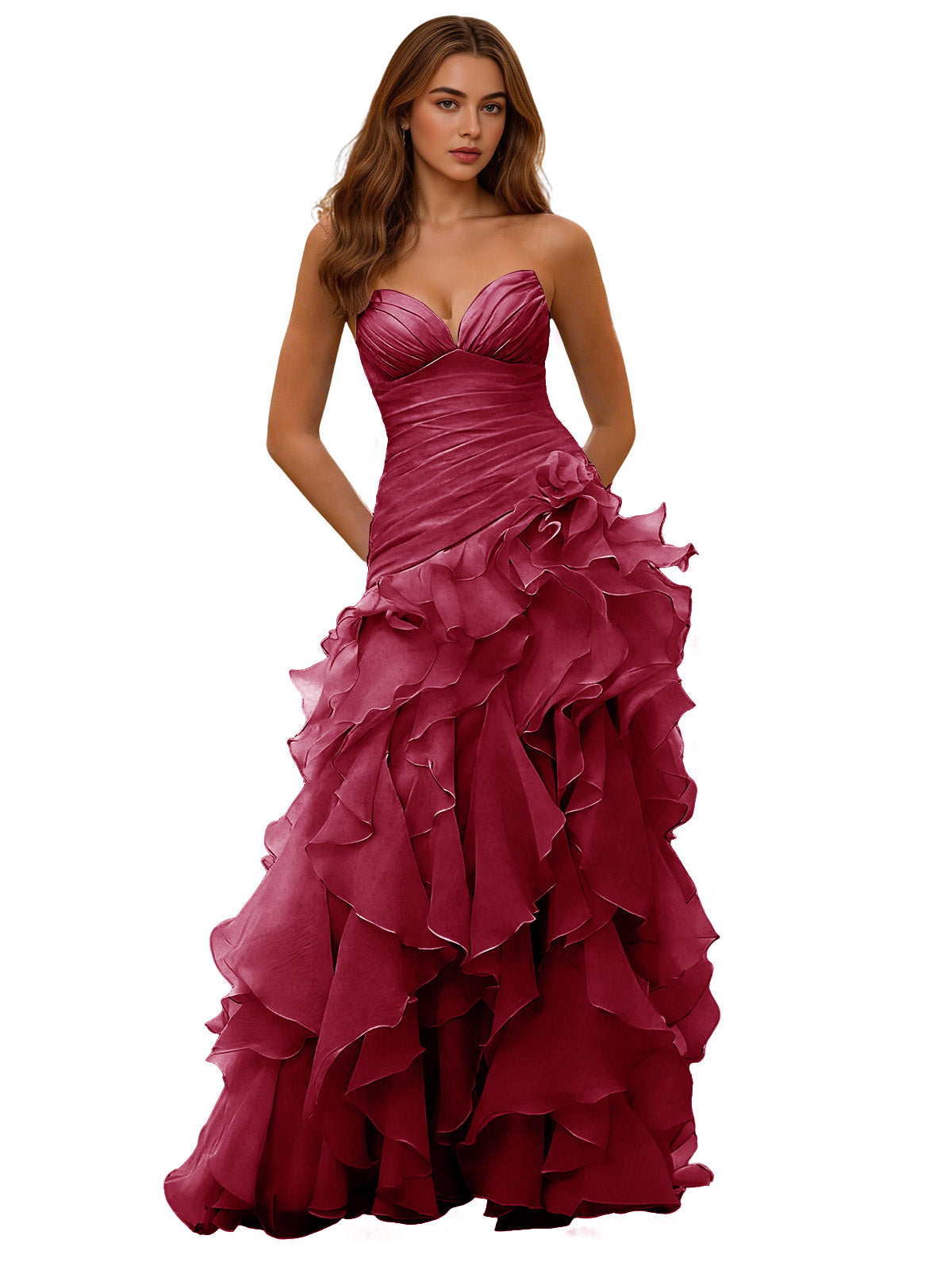 Strapless Organza Ruffle Ball Gown Prom Dress with Draped Corset Bodice