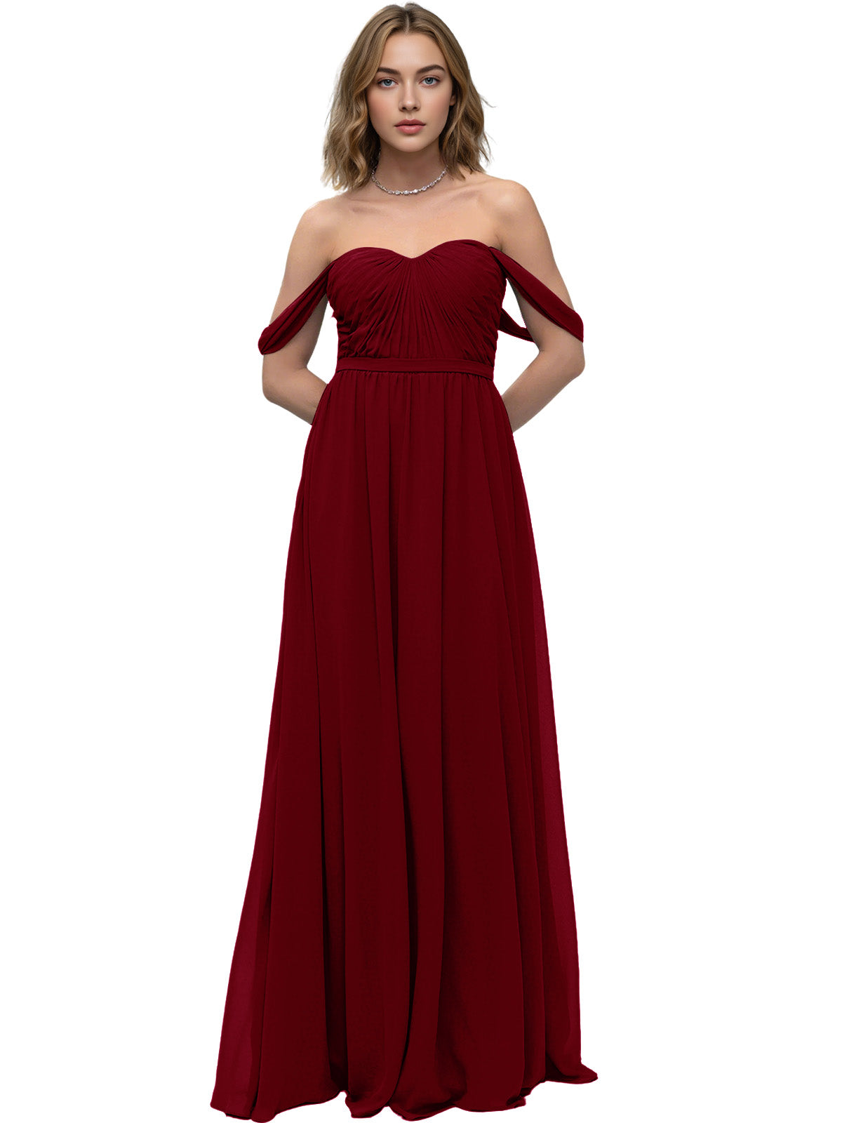 Off Shoulder Sweetheart Chiffon Bridesmaid Dress with Ruched Bodice