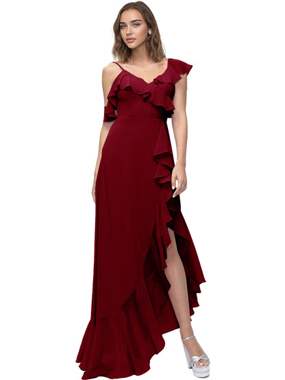 Asymmetrical Ruffle Chiffon Bridesmaid Dress with High Low Slit