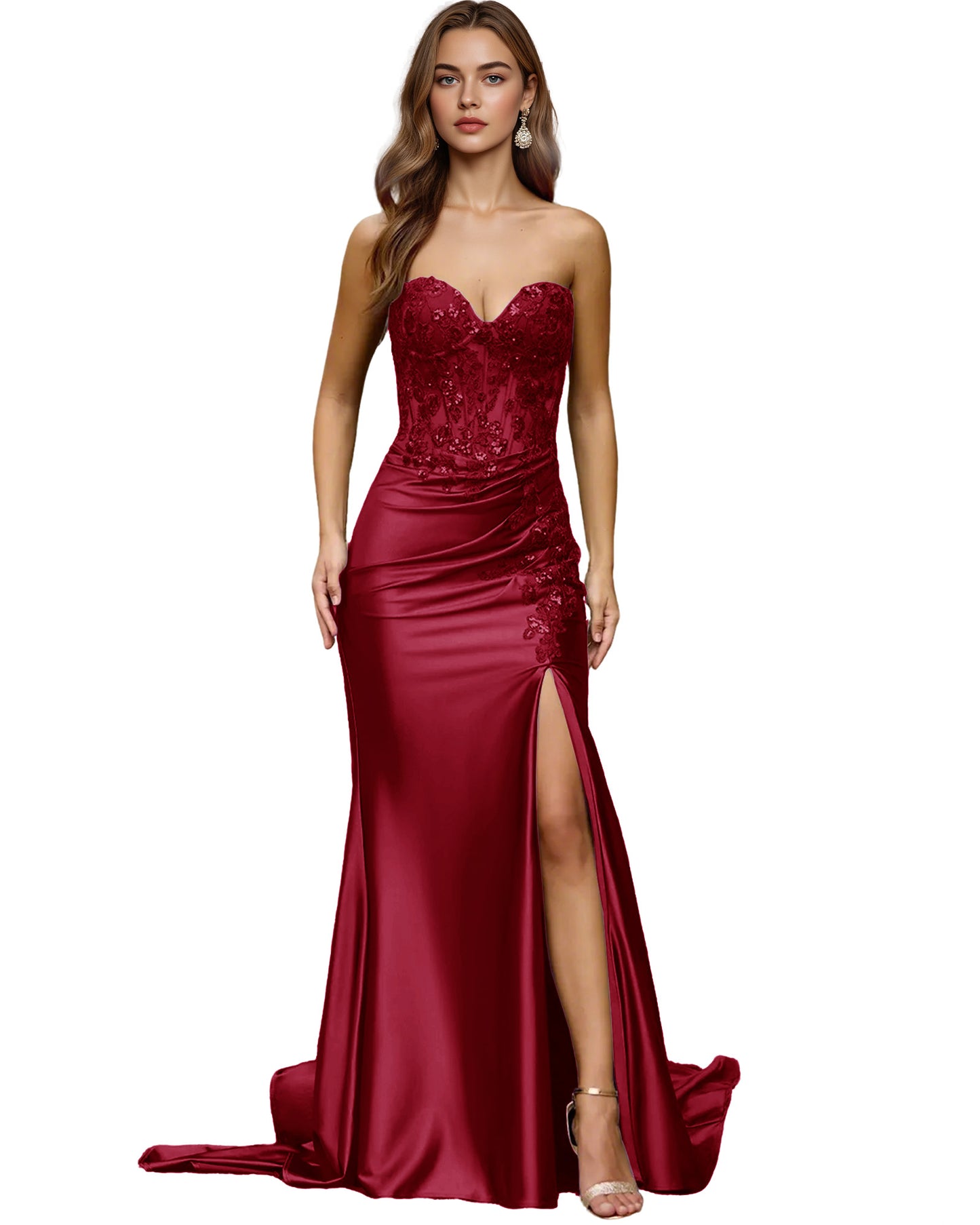 Strapless Emerald Satin Mermaid Prom Dress with Beaded Bodice and Slit