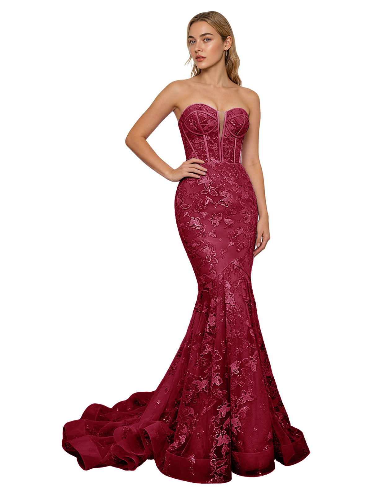 Strapless Lavender Lace Mermaid Prom Dress with Sheer Corset and Train