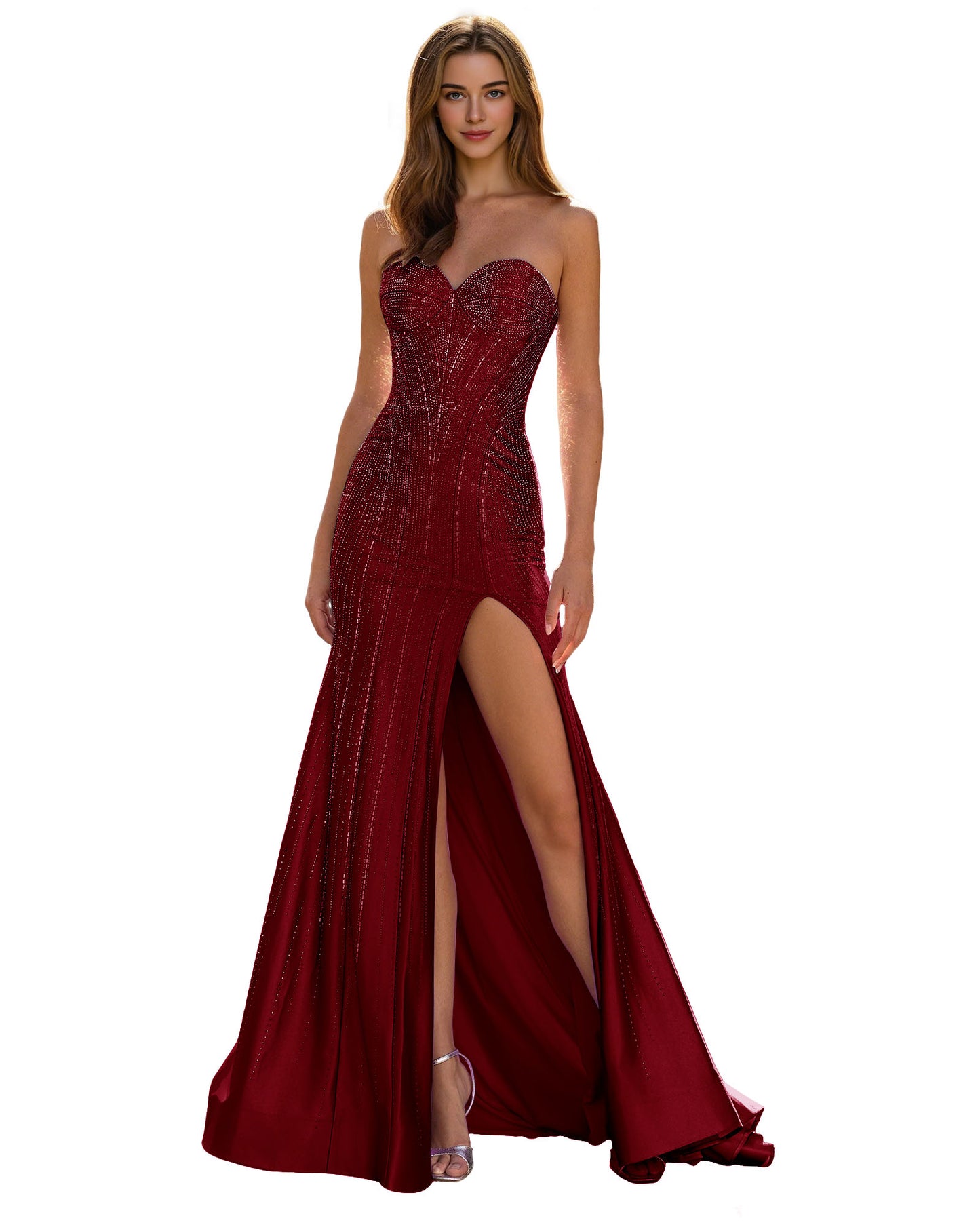 Strapless Sequin Column Prom Dress with Side Slit and Sweep Train