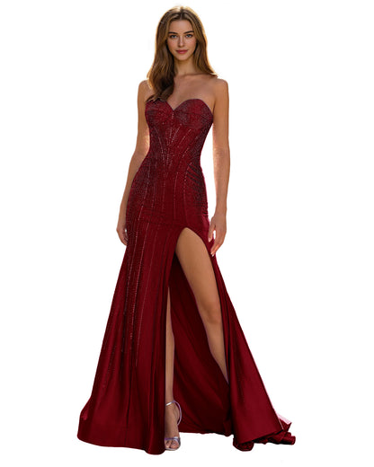 Strapless Sequin Column Prom Dress with Side Slit and Sweep Train