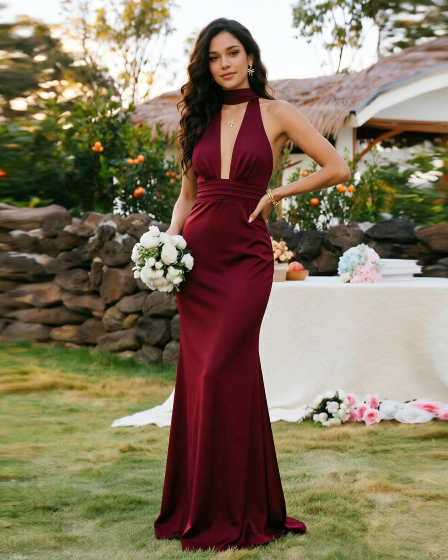 Plunging Halter Satin Formal Dress with Ruched Waist