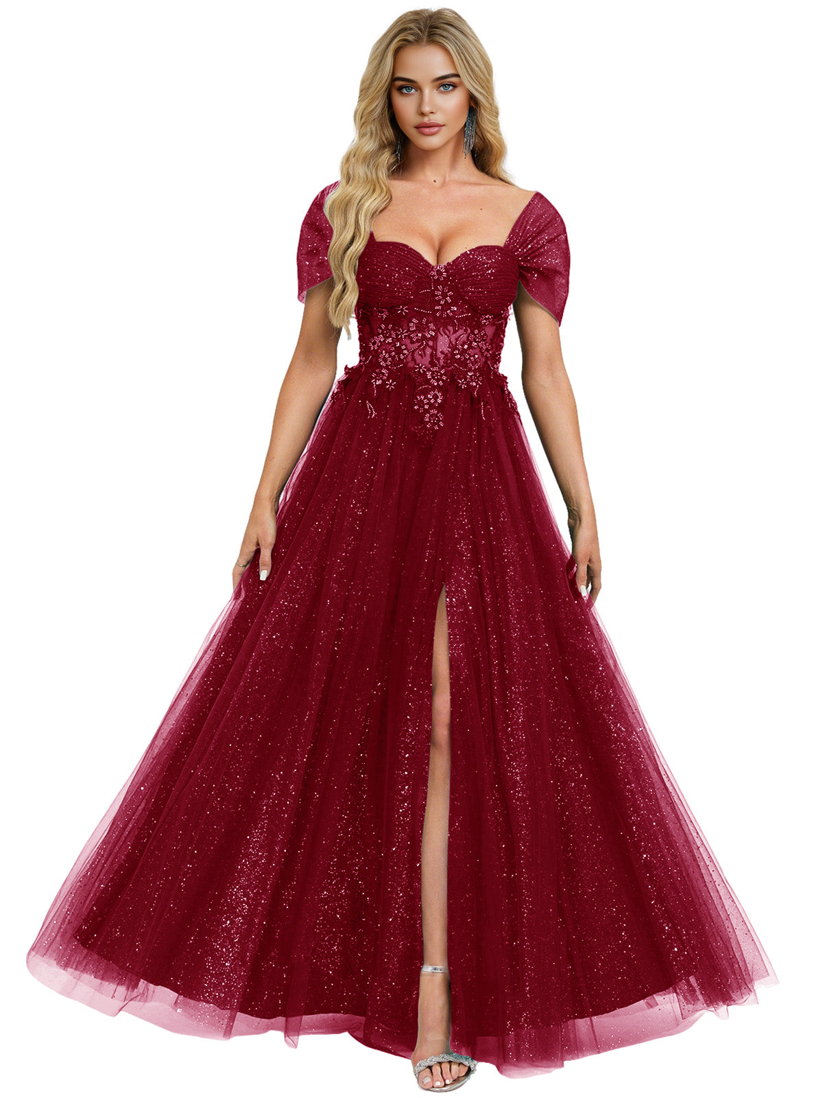 Short Sleeve Glitter Tulle Prom Dress with Illusion Bodice and Slit