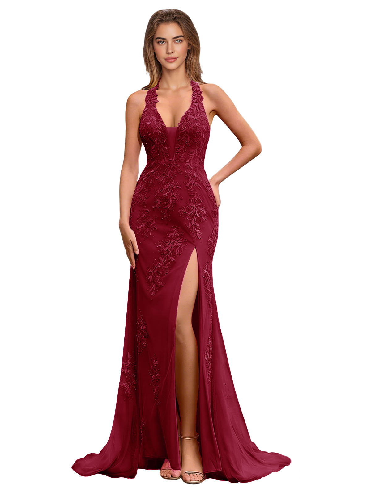 Halter Lace Mermaid Prom Dress with Applique Bodice and Thigh Slit