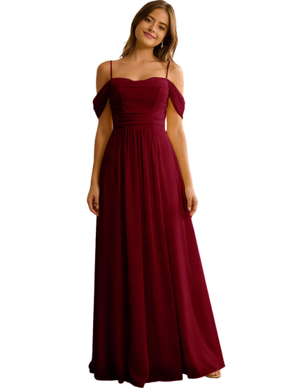 Off Shoulder Chiffon Bridesmaid Dress with Soft Pleated Bodice