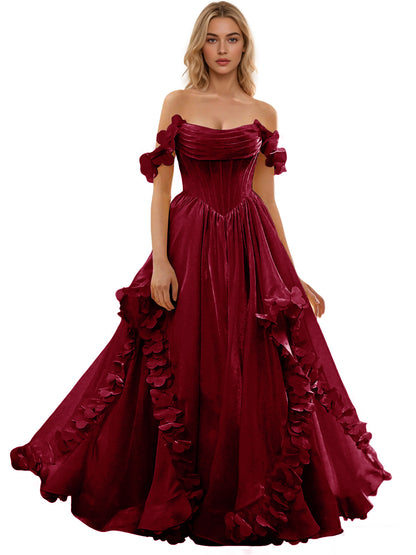 Off Shoulder Ruffle Tulle Ball Gown Prom Dress with Floral Applique