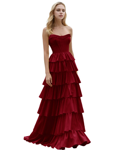 Strapless Tiered Ruffle A-Line Prom Dress with Corset Bodice