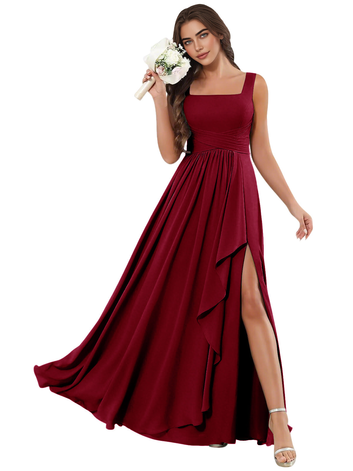 Square Neck Chiffon Bridesmaid Dress with Corset Back and Slit