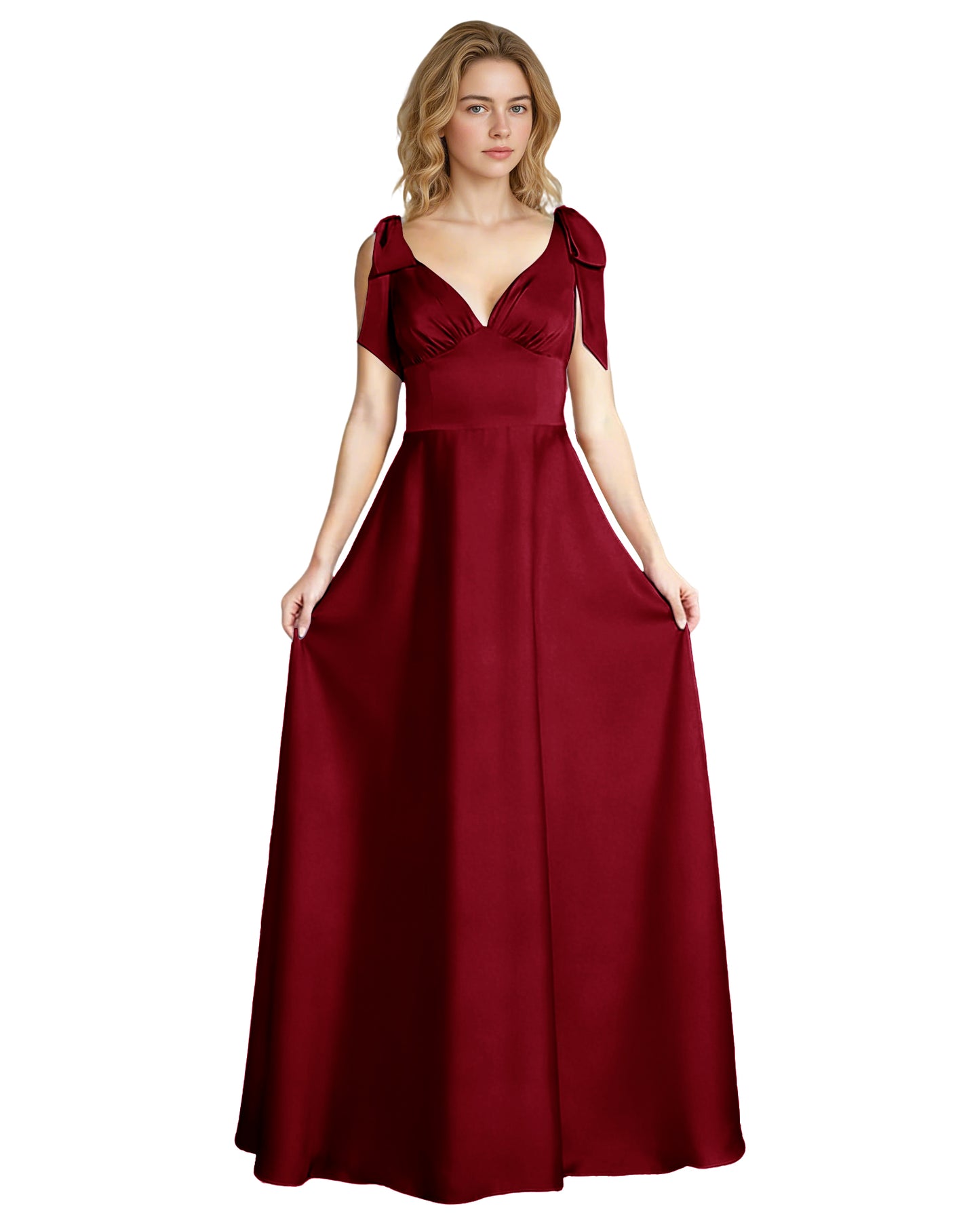 V-Neck Bow Strap Satin Bridesmaid Dress with Empire Waist