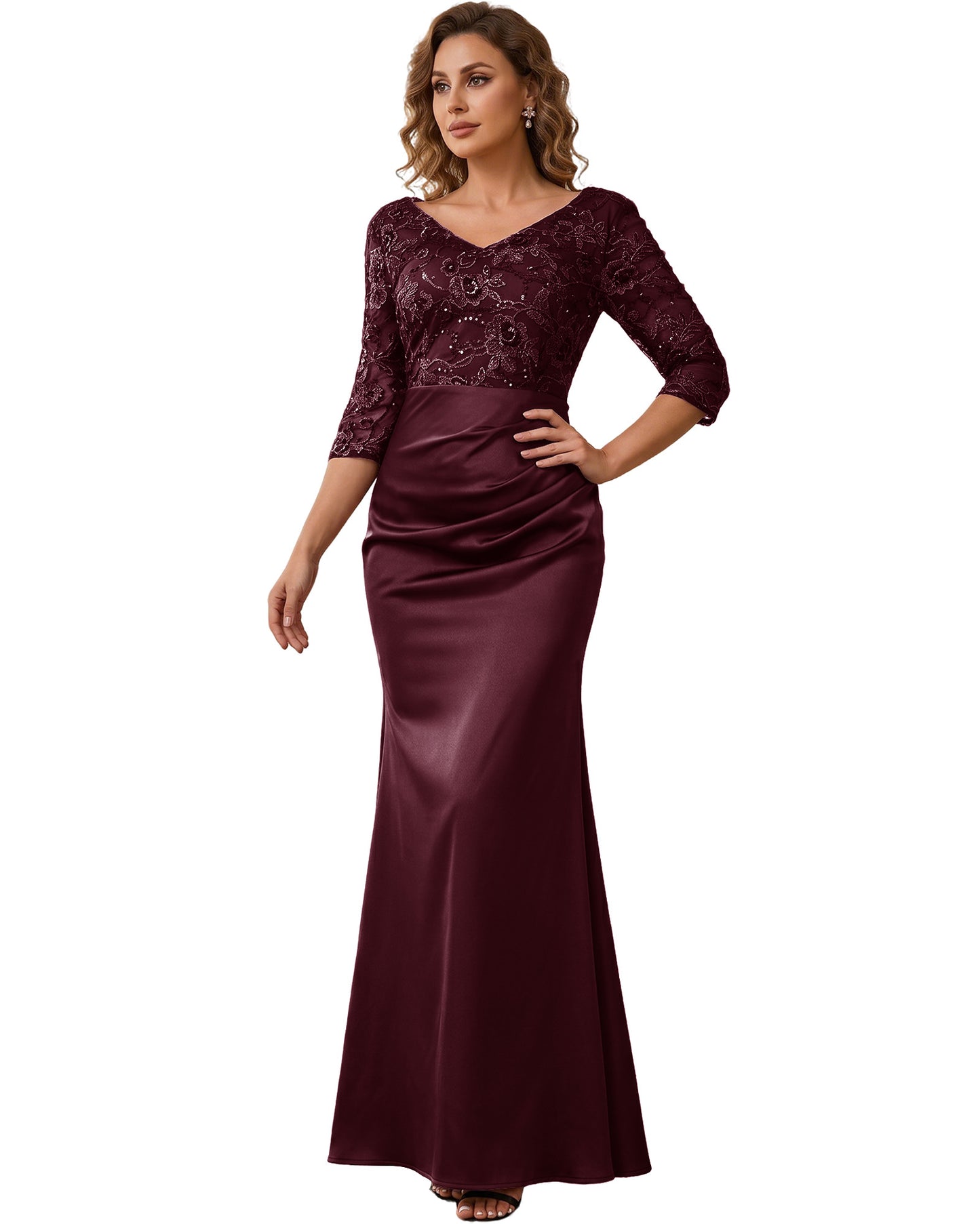 Mother of the Bride Dress Long Lace Mermaid Formal Gown with 3/4 Sleeves