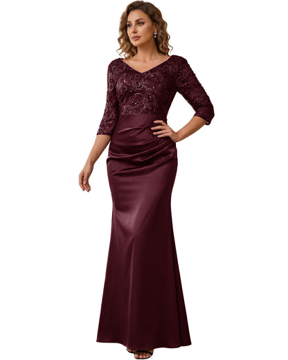 Mother of the Bride Dress Long Lace Mermaid Formal Gown with 3/4 Sleeves