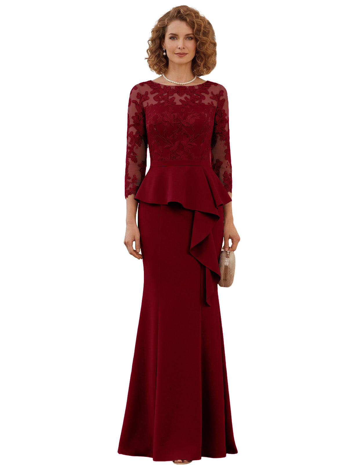 Long Mother of the Bride Dress Lace Illusion Bodice Peplum Mermaid Formal Evening Gown