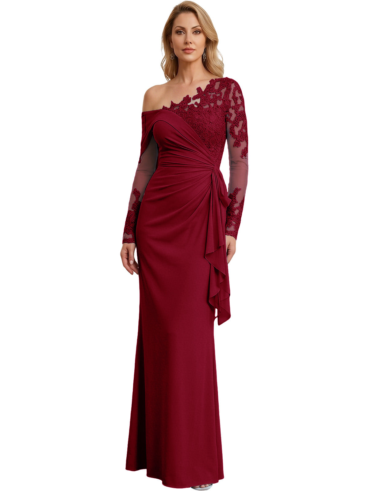One Shoulder Mother of the Bride Gown Long Lace Sleeve Mermaid Dress with Draped Ruffle