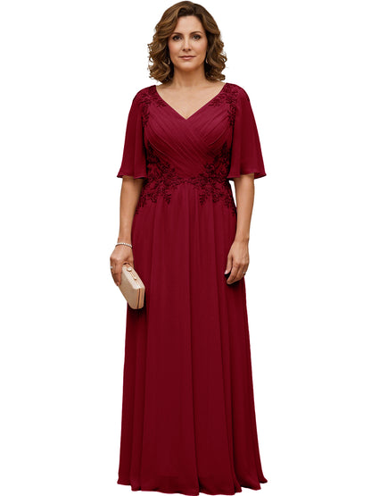 Mother of the Bride Dress Long Chiffon A-Line Gown with Flutter Sleeves and Beaded Lace