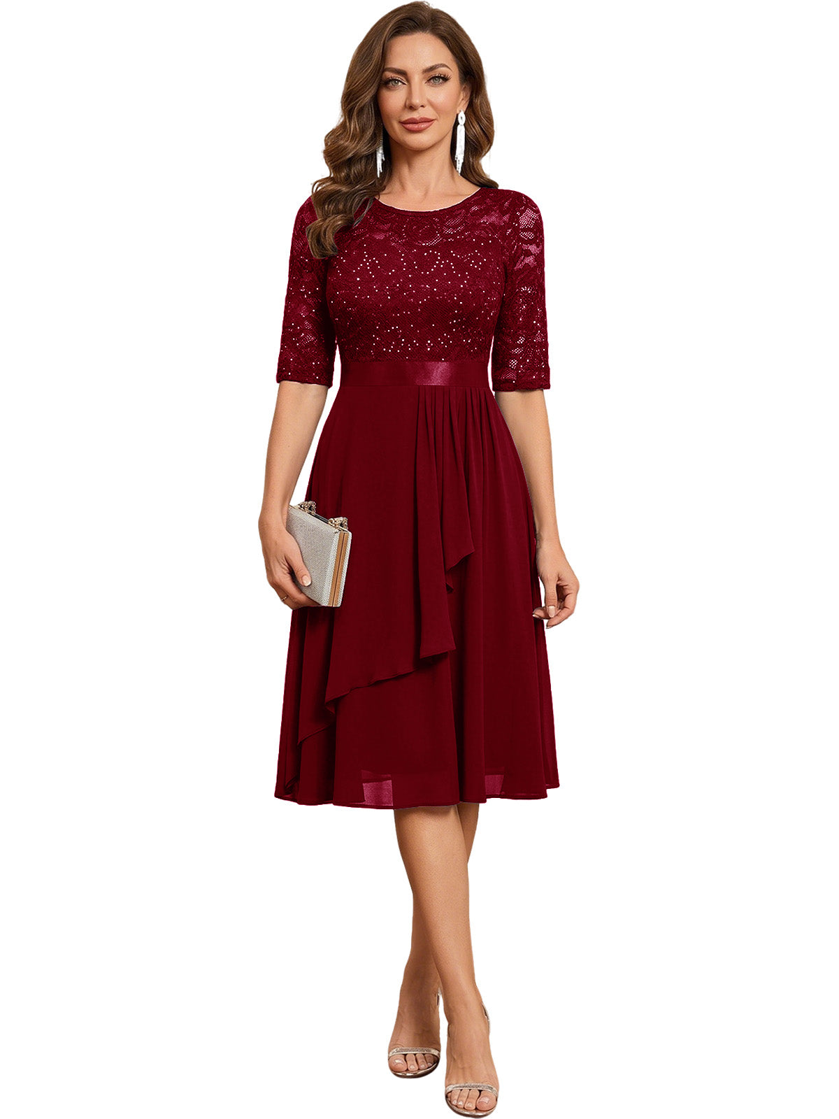 Knee Length Mother of the Bride Dress Sequined Lace Bodice Chiffon Skirt Formal Guest Outfit