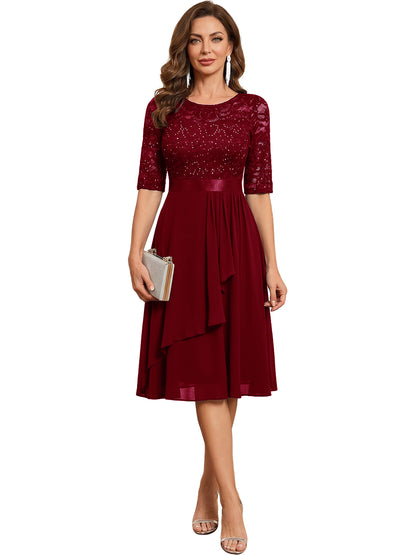 Red Knee Length Mother of the Bride Dress Sequined Lace Bodice Chiffon Skirt Formal Guest Outfit color option