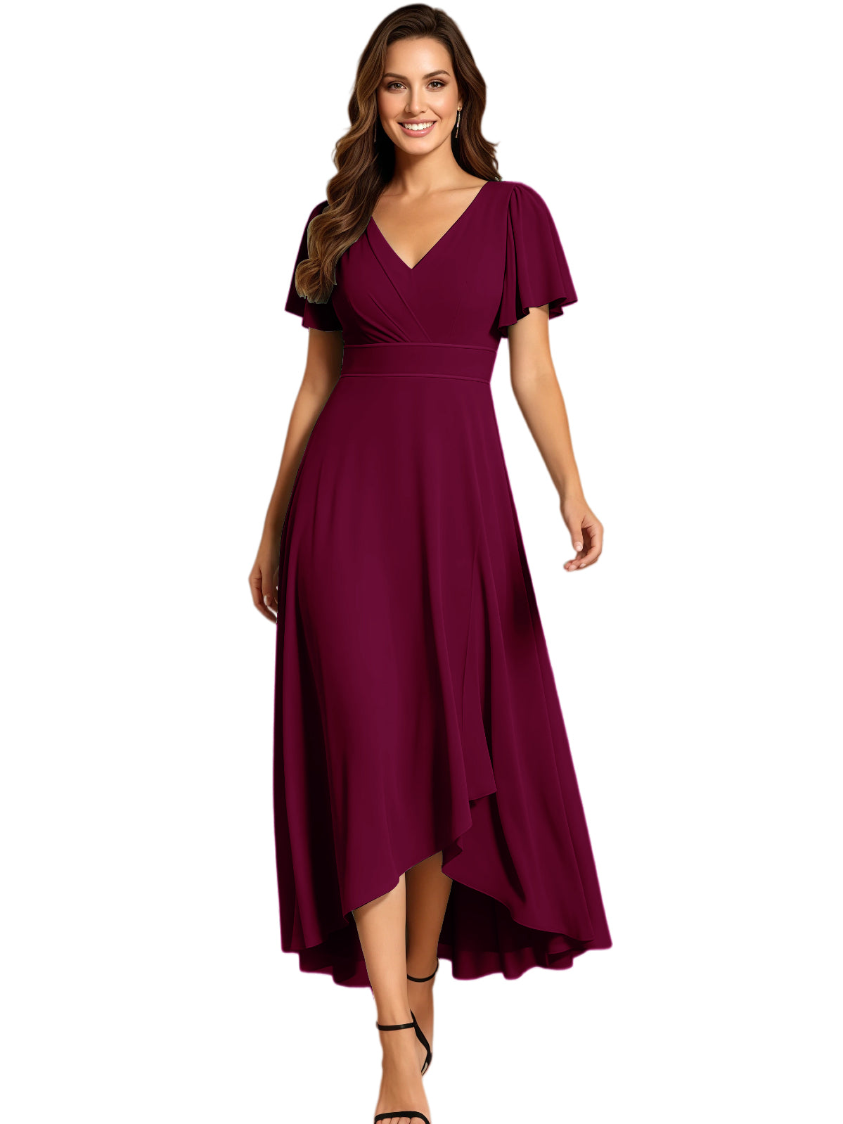 High Low Mother of the Bride Dress V-Neck Flutter Sleeve Chiffon Formal Gown