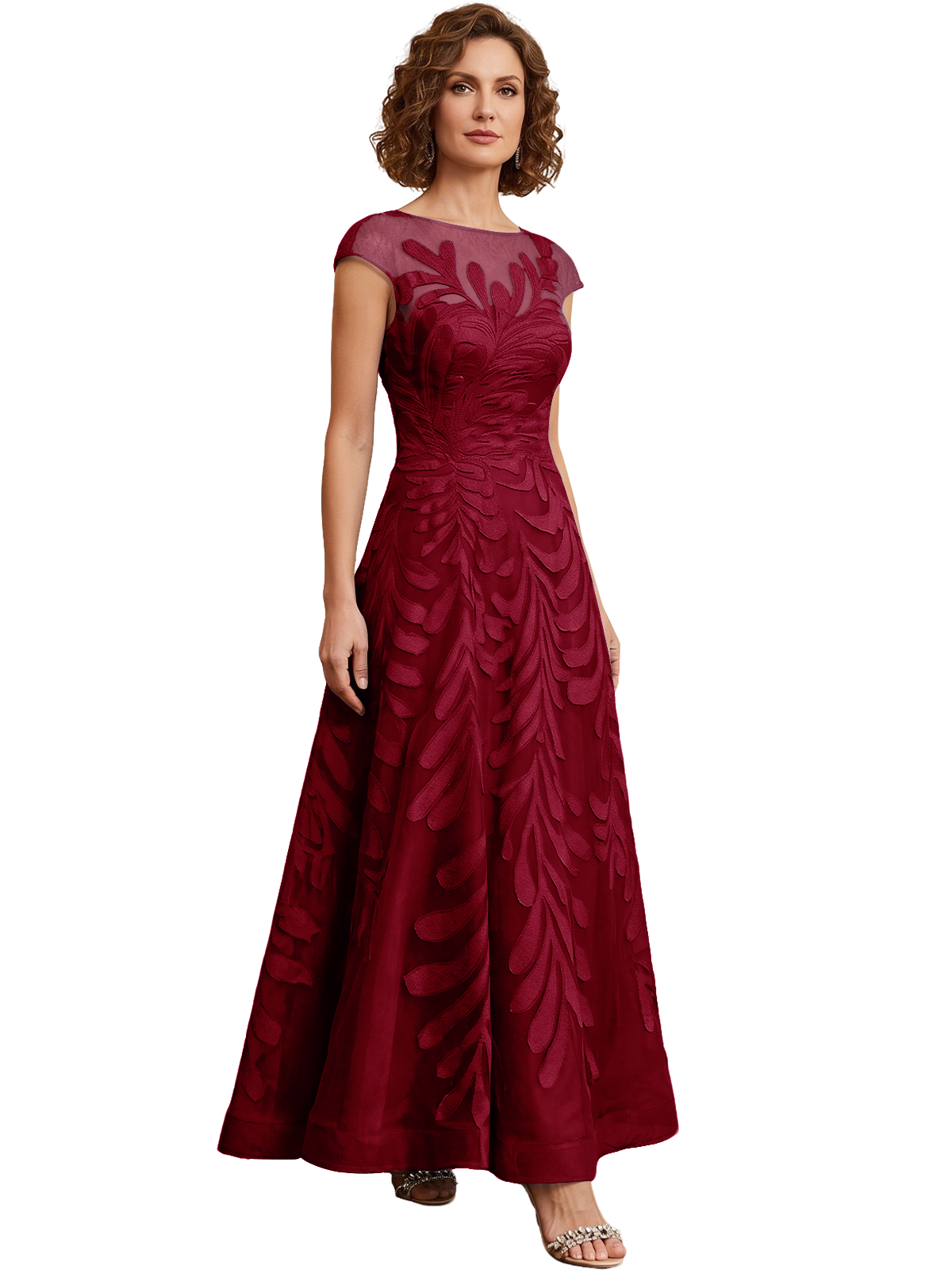 Embroidered Tulle Mother of the Bride Dress Long A-Line Gown with Illusion Cap Sleeves