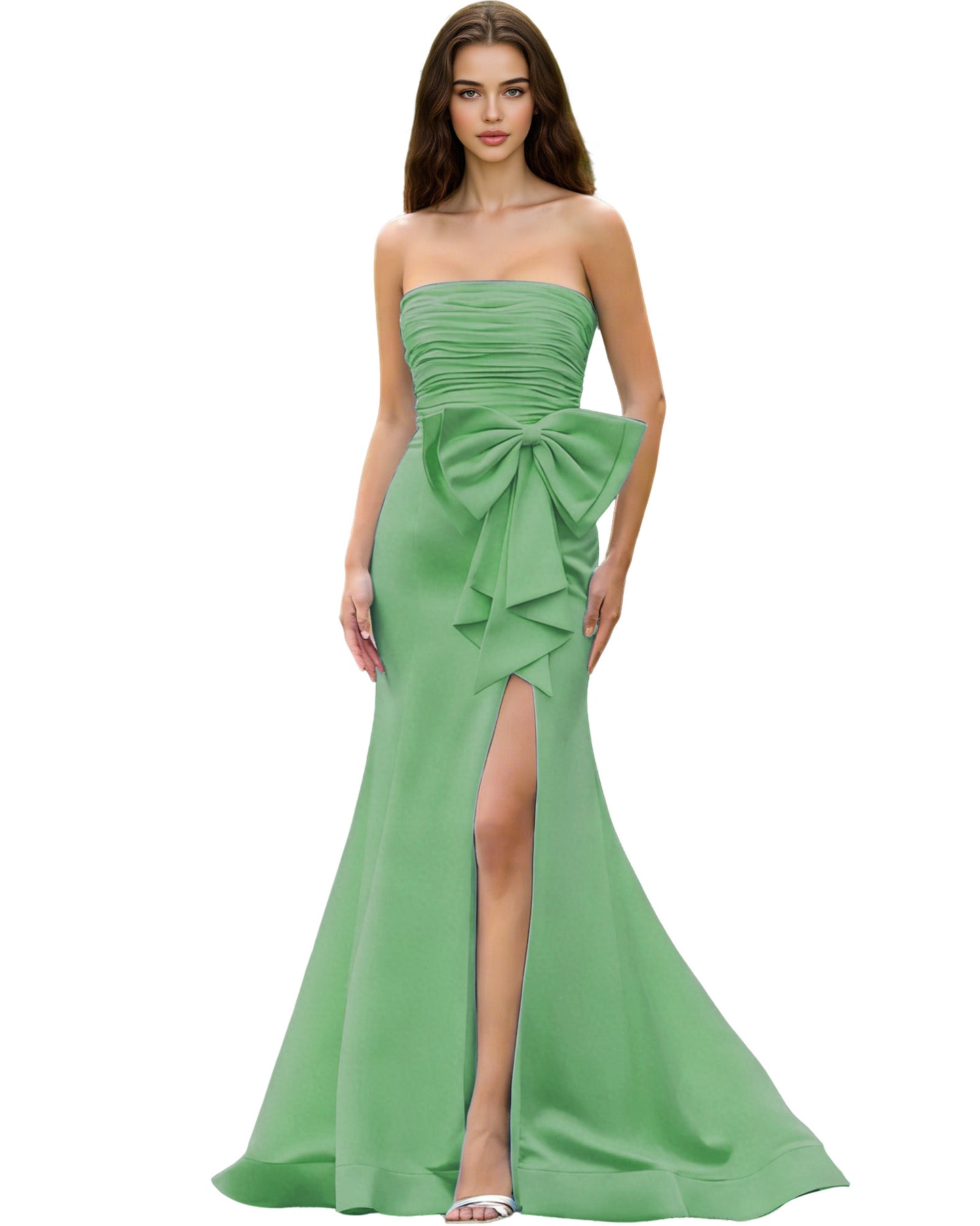 Strapless Bow Detail Satin Prom Dress with Ruched Bodice and Slit