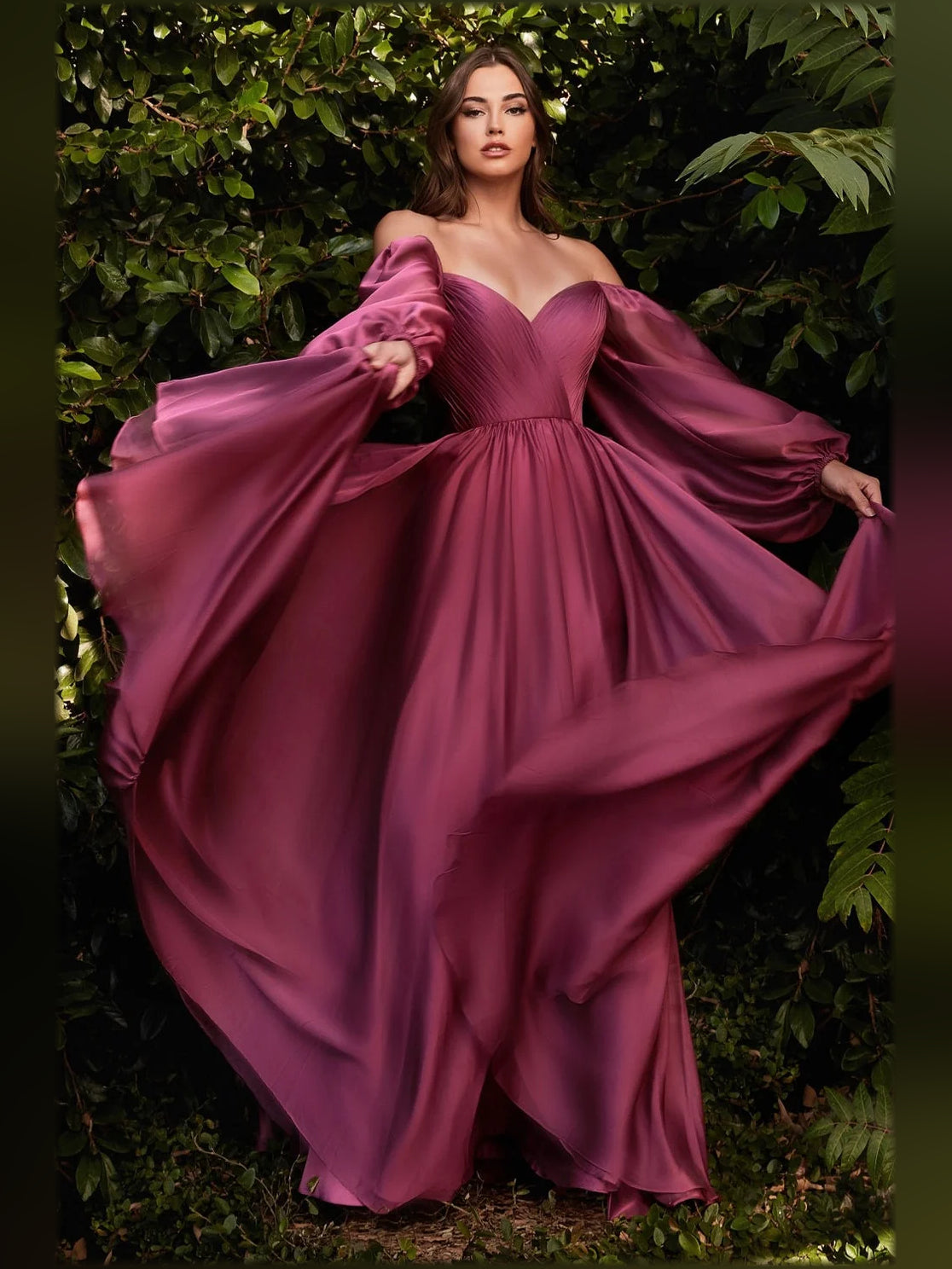 V Neck Puff Sleeves Pleats Floor-Length A Formal Dress