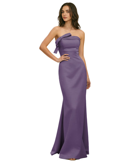 Strapless Satin Bridesmaid Dress with Draped Bodice and Side Slit