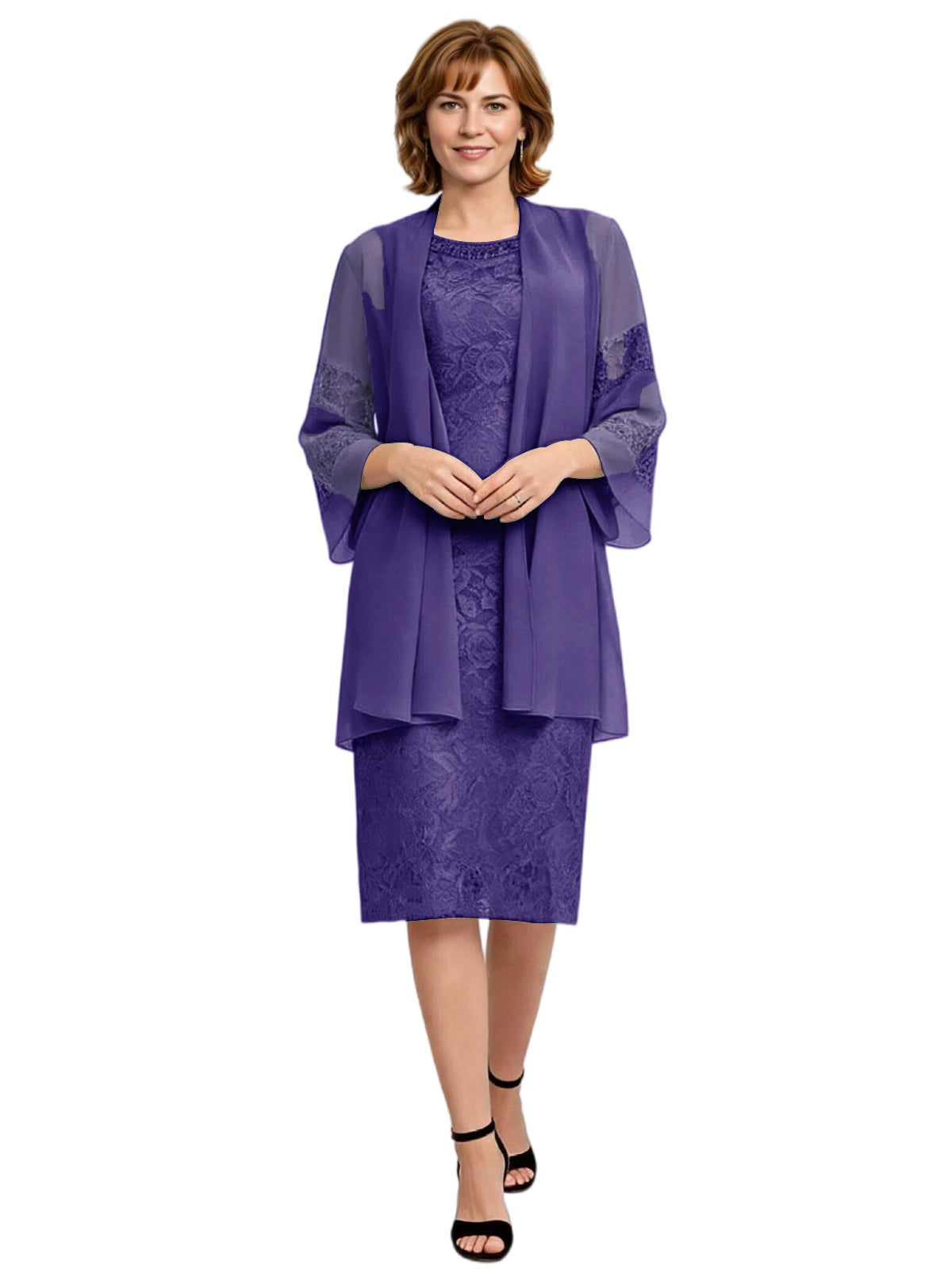 Mother of the Bride Dress with Jacket Knee Length Lace Formal Wedding Guest Outfit