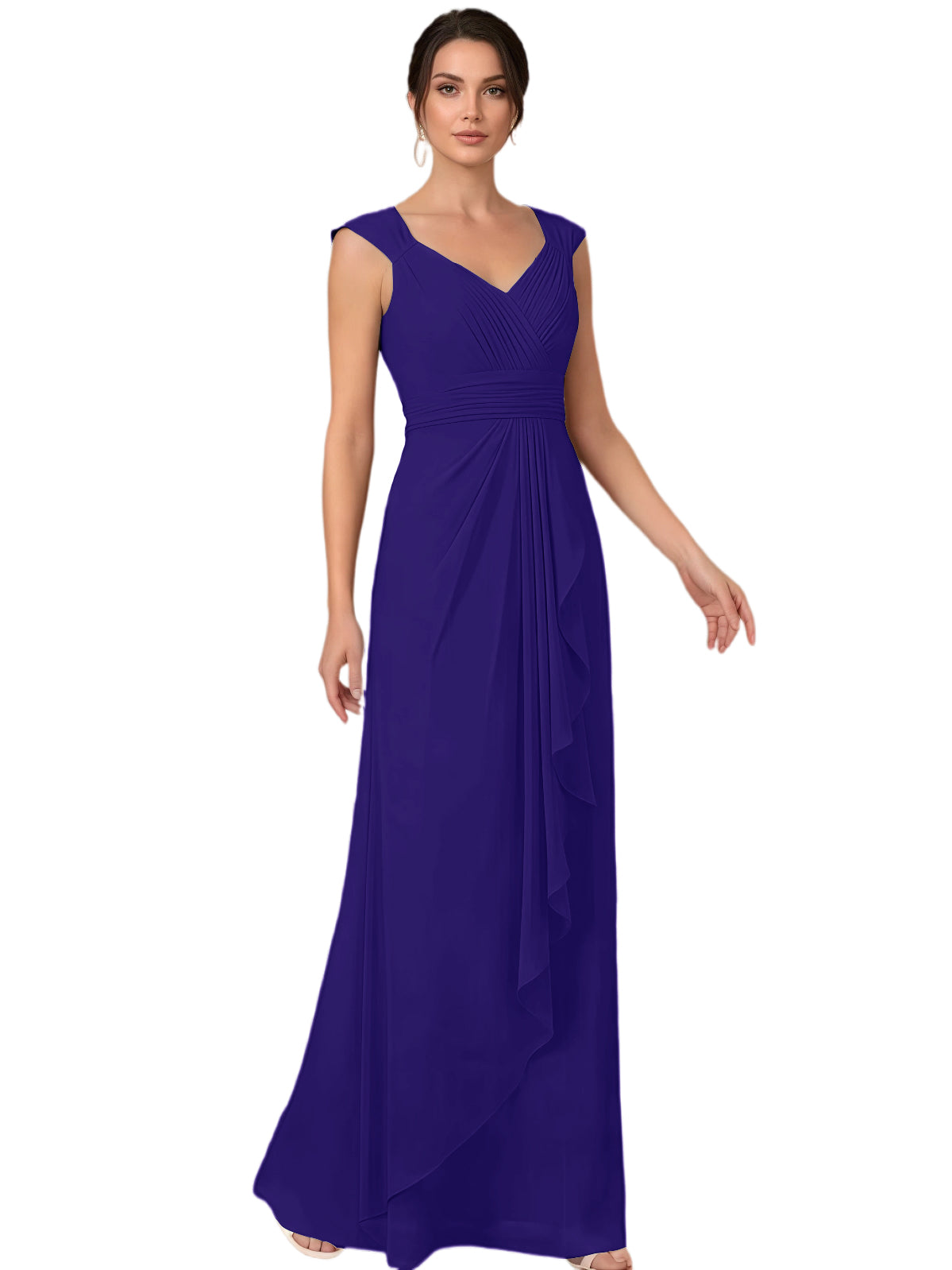 Mother of the Bride Dress Long Sleeveless V-Neck Chiffon Formal Gown with Ruffle Detail