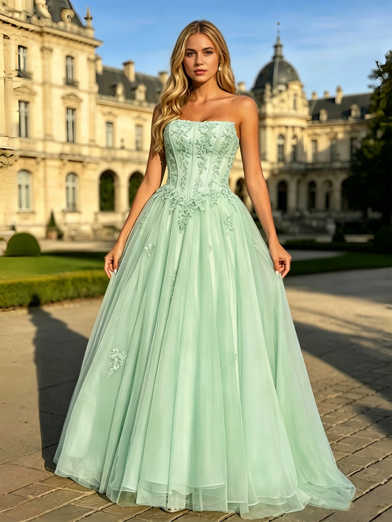 Strapless Lace Corset Ball Gown with Tulle A-Line Skirt