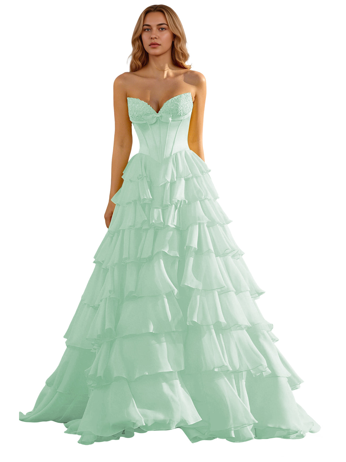 Strapless Tiered Organza Ball Gown Prom Dress with Corset Top