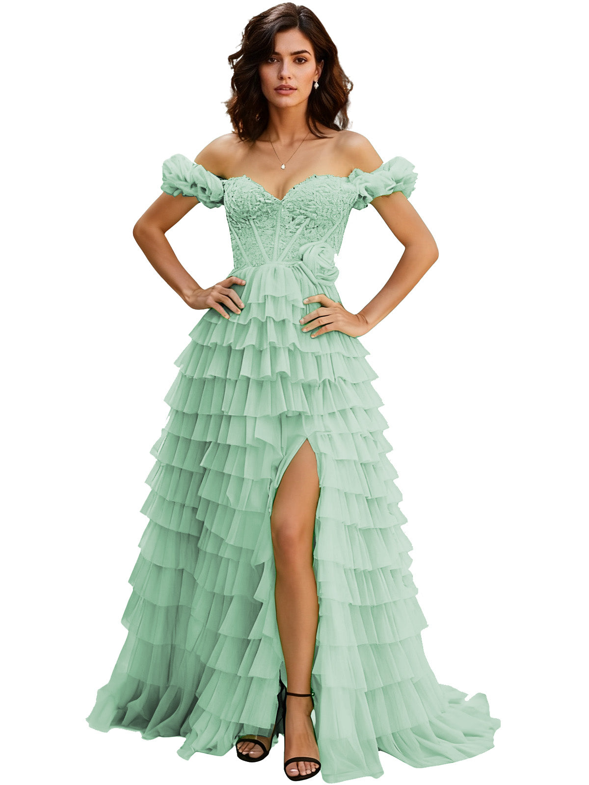 Off Shoulder Tulle Ball Gown Prom Dress with Ruffle Sleeves and Slit