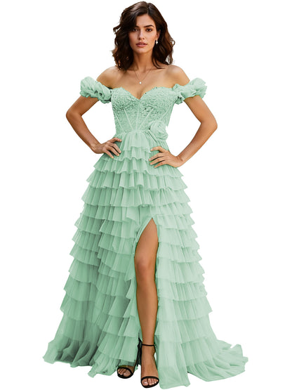 Off Shoulder Tulle Ball Gown Prom Dress with Ruffle Sleeves and Slit